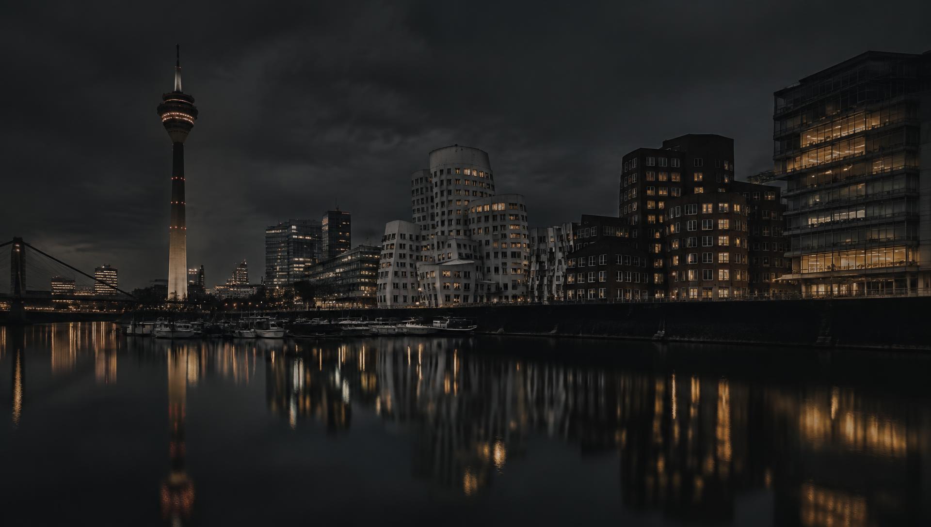 Düsseldorf Medienhafen waterfront at night