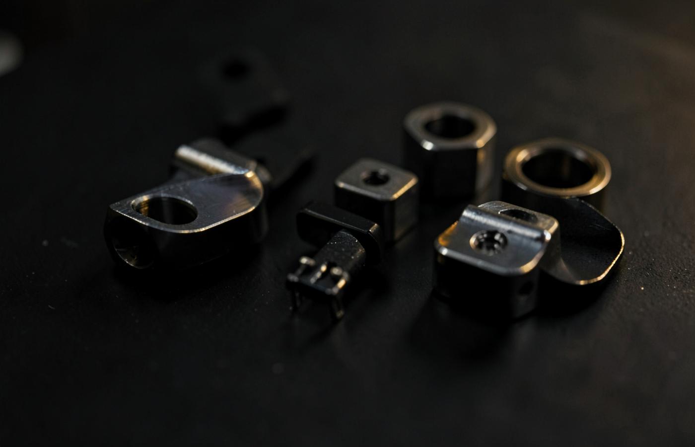 Precision technical components on a dark surface